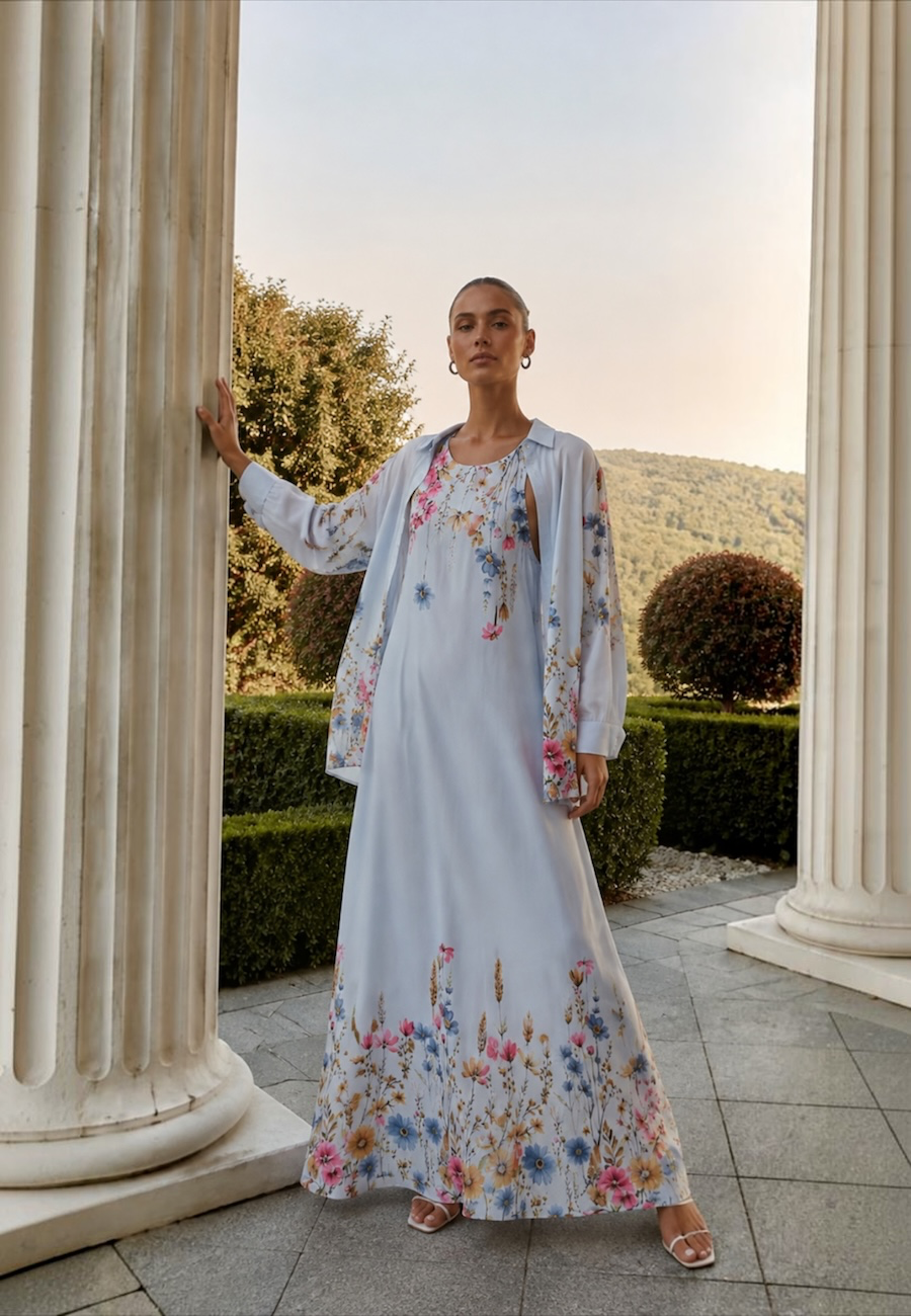 Floral Çiçek Desenli 2’li Elbise Takım-Mavi