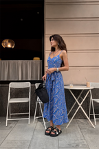 Azure Paisley Askılı Midi Elbise – Saks Mavi