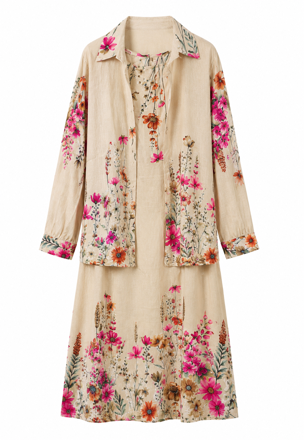 Floral Çiçek Desenli 2’li Elbise Takım-Mavi