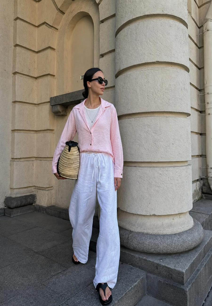 Pudra Keten Dokulu Gömlek Takım–Pembe