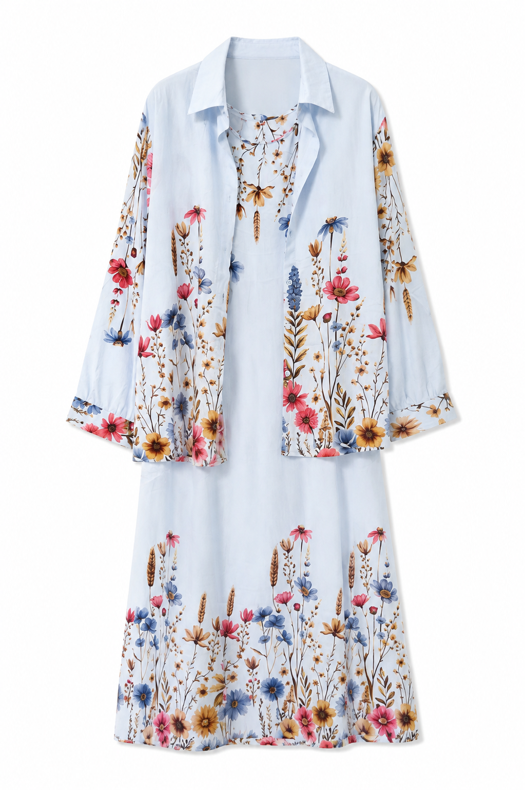 Floral Çiçek Desenli 2’li Elbise Takım-Mavi