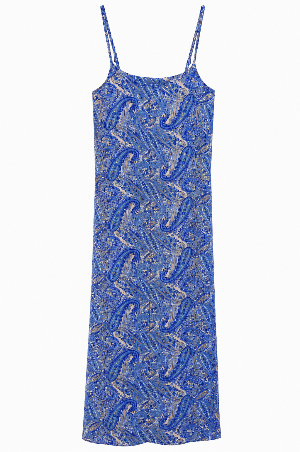 Azure Paisley Askılı Midi Elbise – Saks Mavi