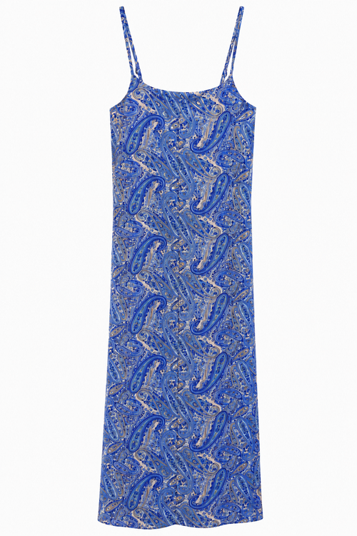 Azure Paisley Askılı Midi Elbise – Saks Mavi