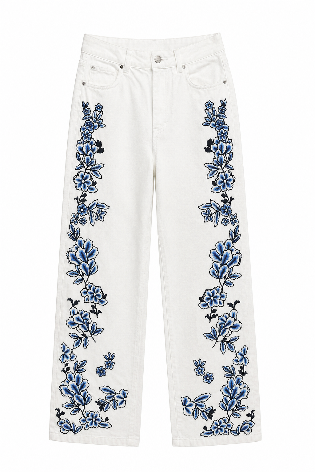 Mavi Çiçek Nakışlı Straight Jean