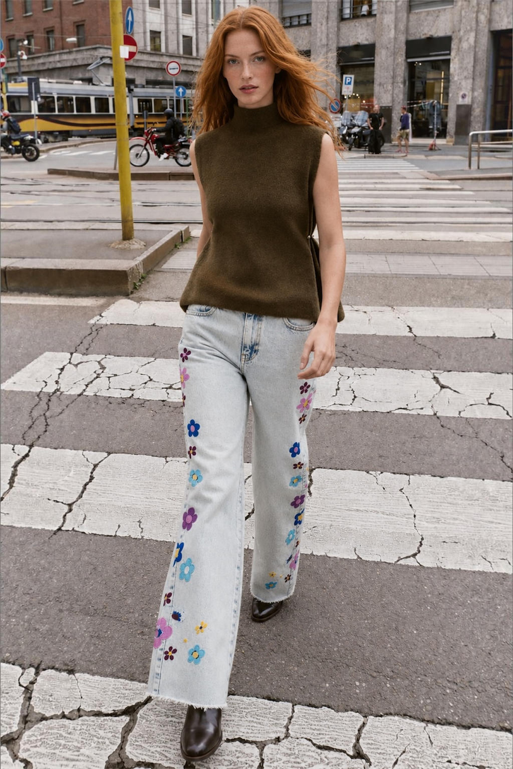 Çiçek Nakışlı Straight Jean 33281