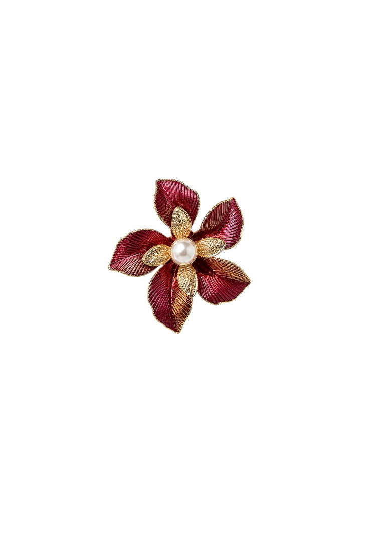 Bordo İnci Detaylı Çiçek Broş -BRS3210