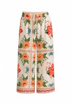 Solena Floral Desenli Bol Paça Pantolon Krem-OR2124
