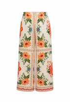 Solena Floral Desenli Bol Paça Pantolon Krem-OR2124