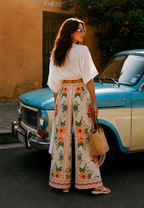 Solena Floral Desenli Bol Paça Pantolon Krem-OR2124