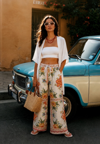 Solena Floral Desenli Bol Paça Pantolon Krem-OR2124