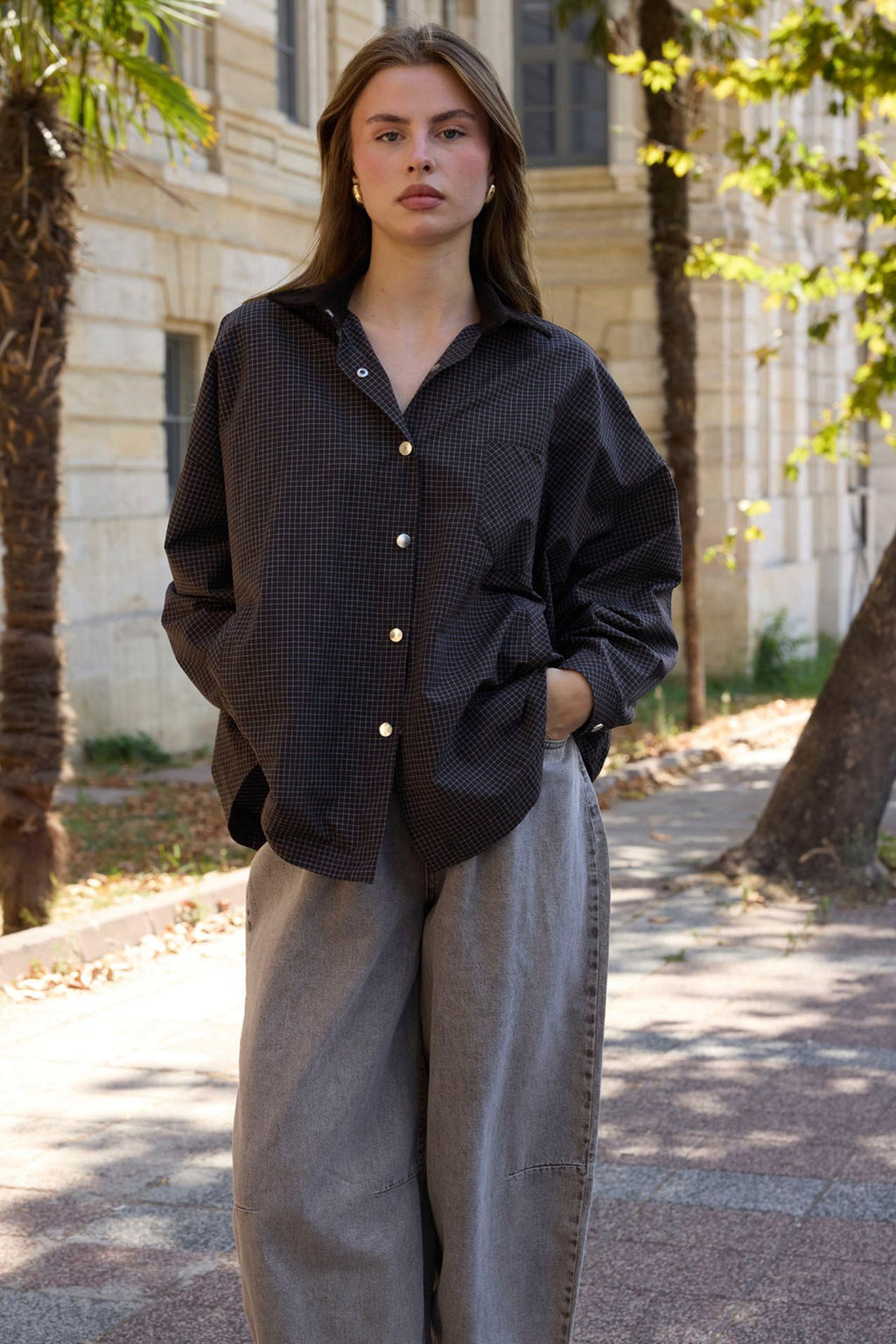 Kadife Yaka Oversize Trenç Gömlek - Siyah