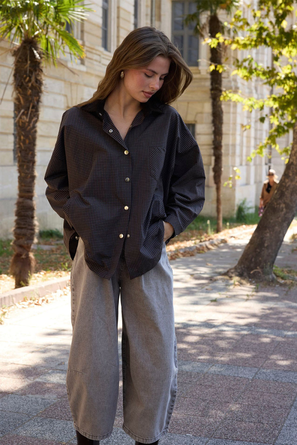 Kadife Yaka Oversize Trenç Gömlek - Siyah