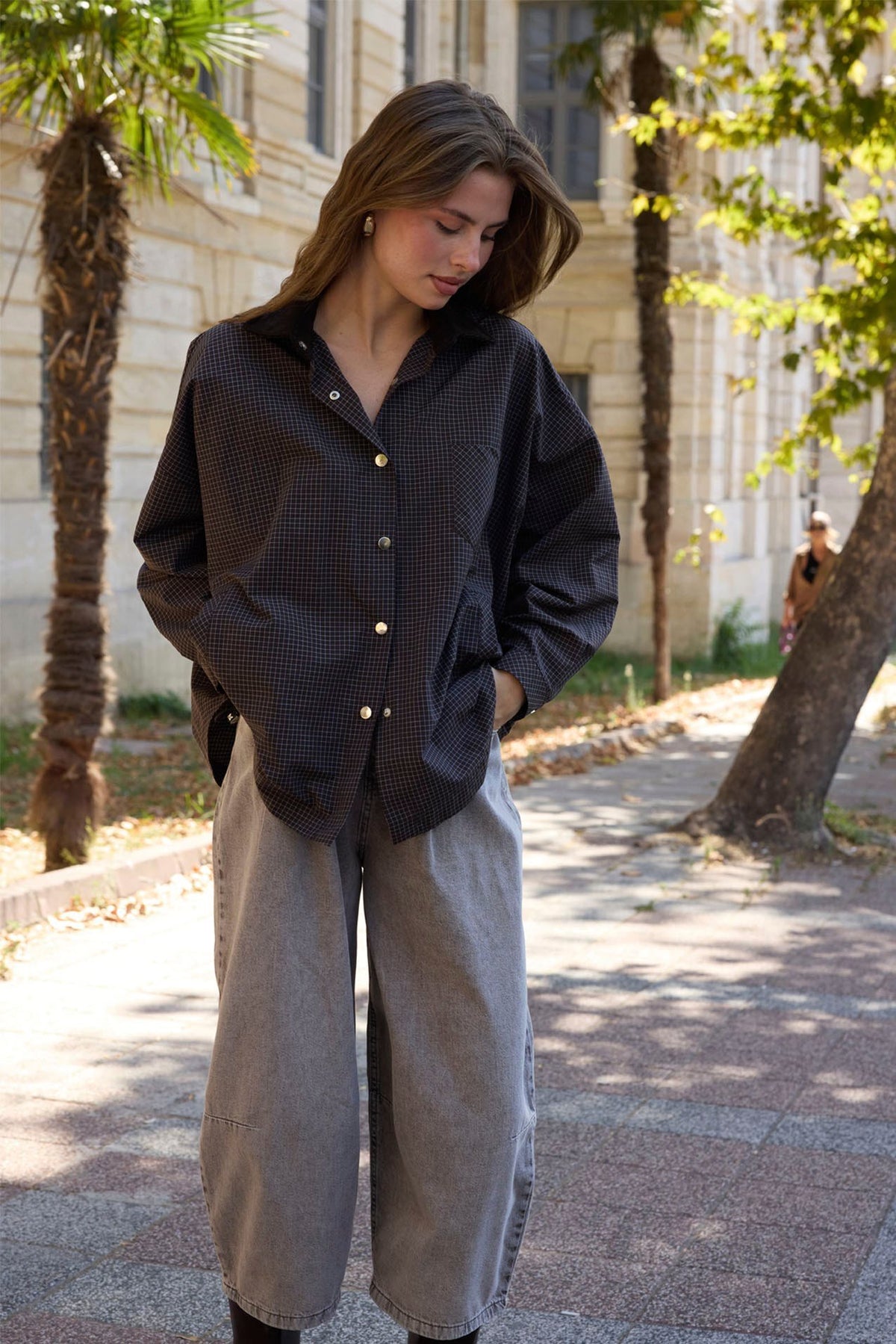 Kadife Yaka Oversize Trenç Gömlek - Siyah