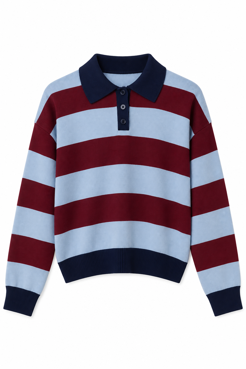 Polo Yaka Çizgili Triko Kazak-Bordo